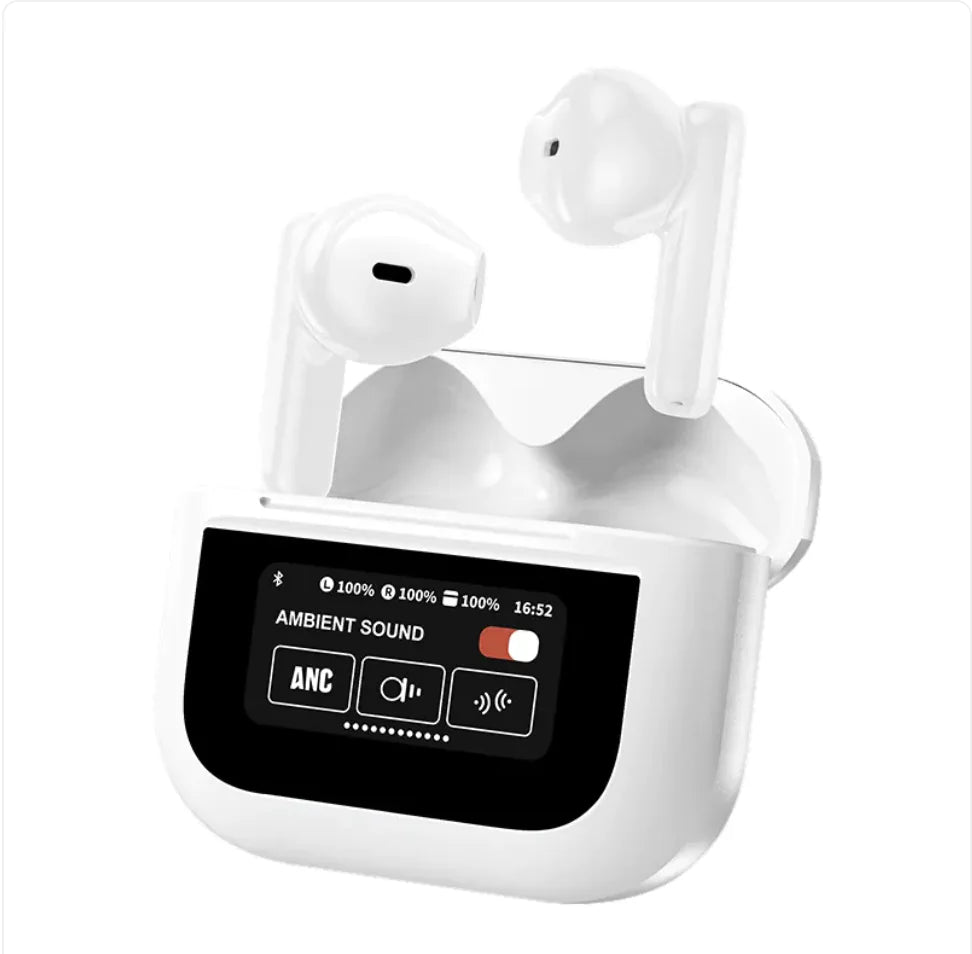 A Bluetooth headset with earphones in a white charging case, featuring a digital display showing battery life and ambient sound settings.