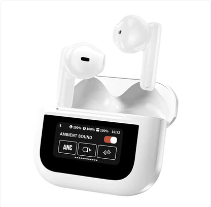 A Bluetooth headset with earphones in a white charging case, featuring a digital display showing battery life and ambient sound settings.