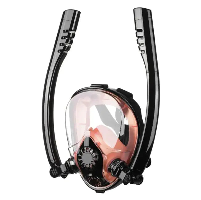 A full dry diving mask snorkeling mask with a dry snorkel valve, designed for natural breathing and panoramic visibility.