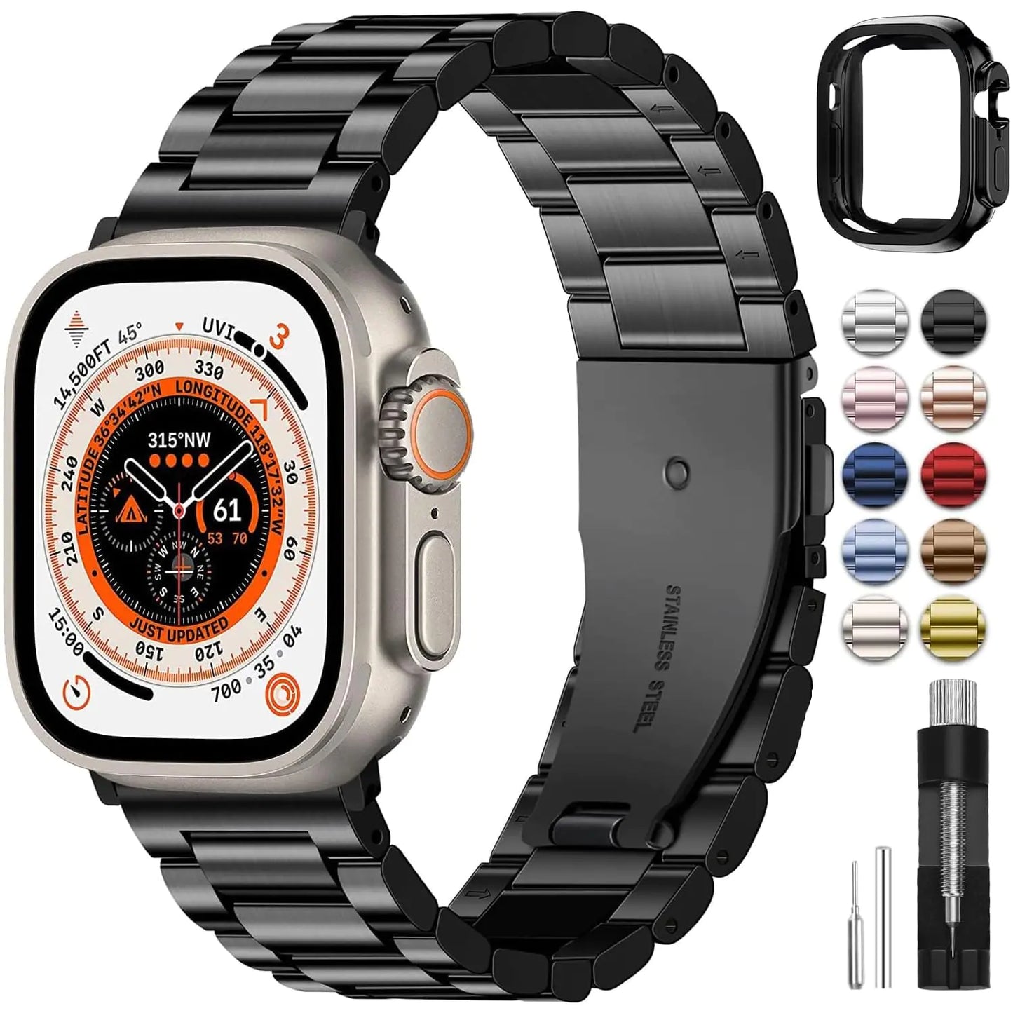 A rose gold metal band for Apple Watch with a matching rose gold case, displayed alongside various other color options and tools for installation.