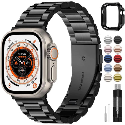 A rose gold metal band for Apple Watch with a matching rose gold case, displayed alongside various other color options and tools for installation.