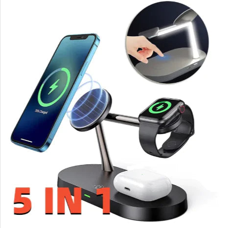 5-in-1 Magnetic Wireless Charger with Phone & Watch Stand – 15W Fast Charging Dock WEM Support (www.WEM.support)