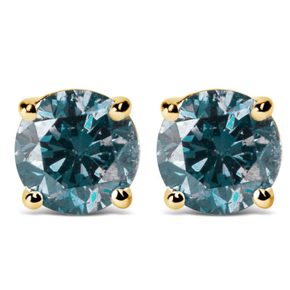 14K Gold Round Brilliant Cut Lab Grown Blue Diamond 4-Prong Classic Solitaire Stud Earrings with Screwbacks WEM Support (www.WEM.support)