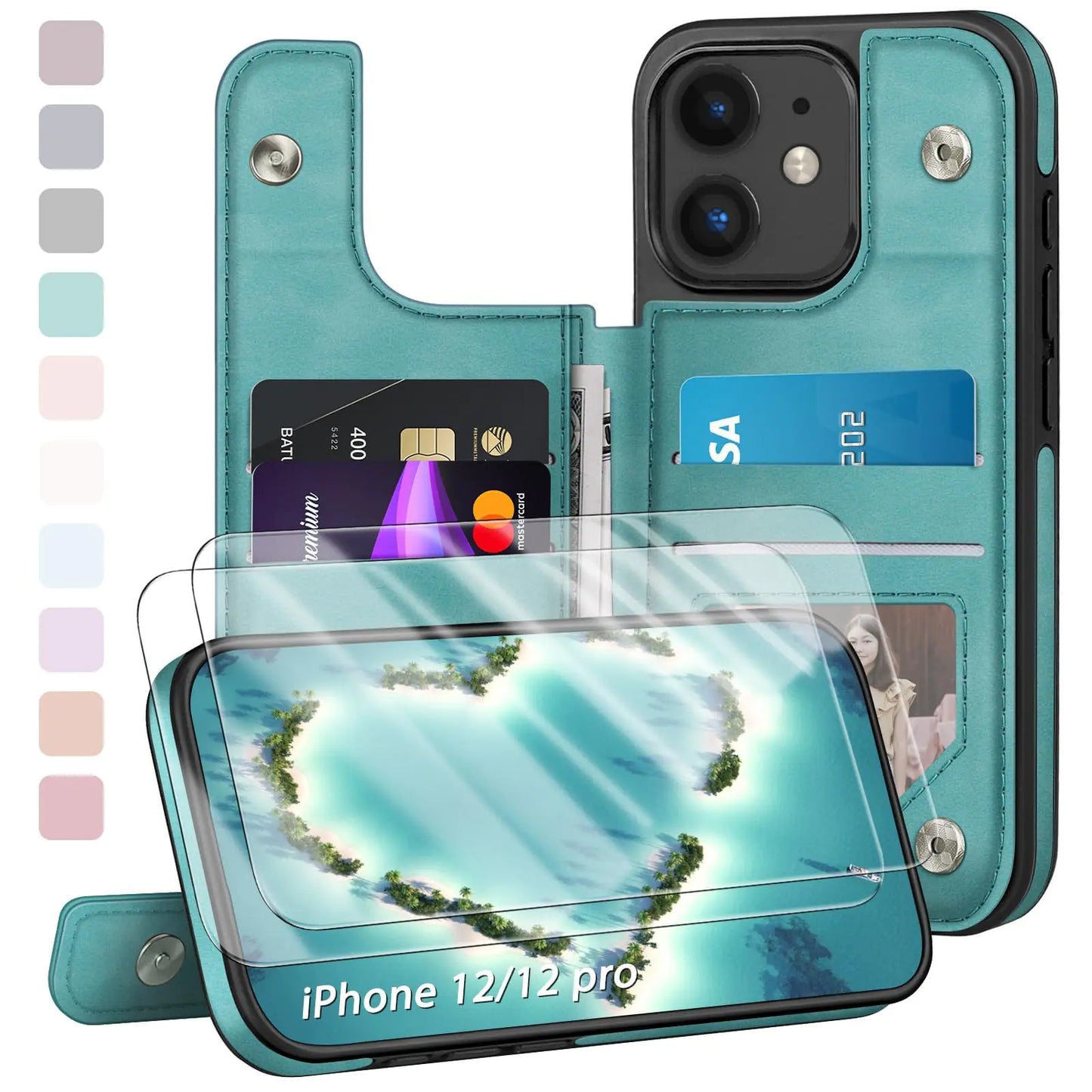 Designed for iPhone 12/12 Pro Case Wallet, Card Holder Case with [2 Screen Protectors][Magnetic Clasp Folio Cover][RFID Blocking Leather] Shockproof Women Men Cases 6.1" for Apple 12 Light Brown