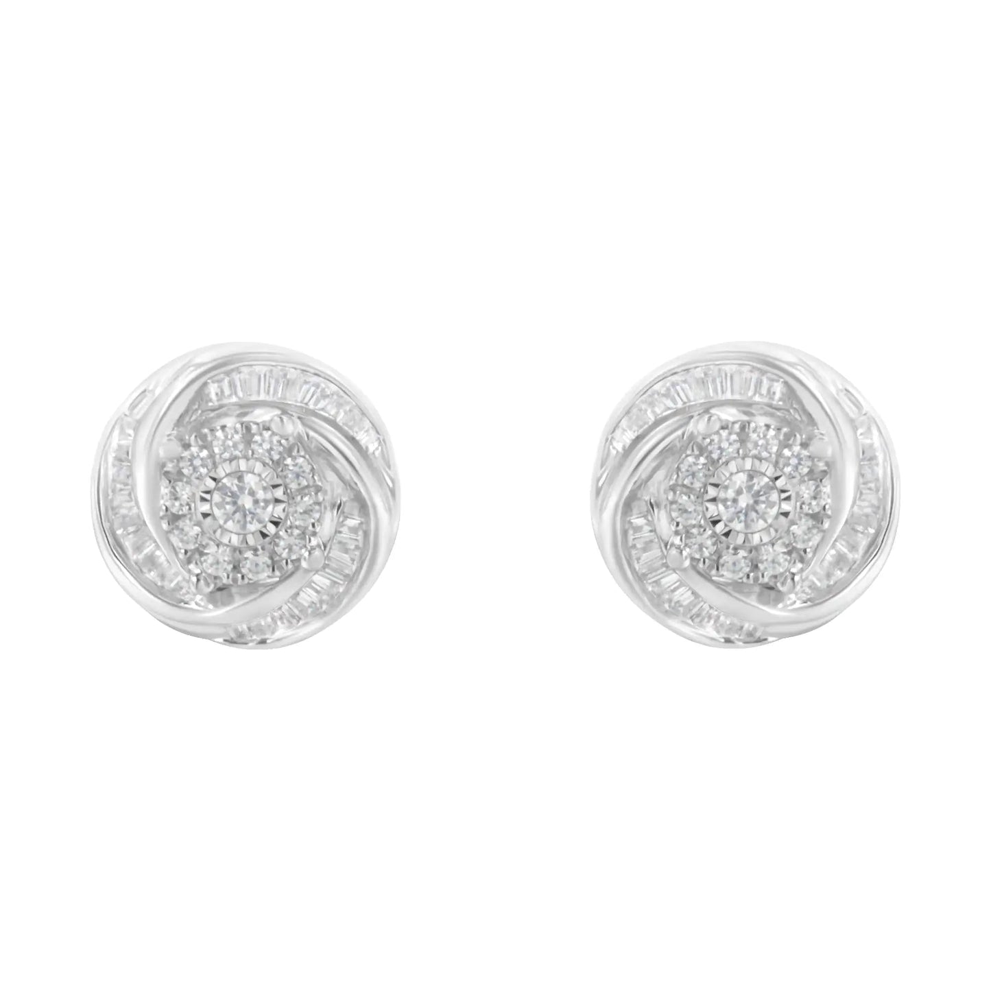 Boucles d'oreilles clous Love Knot en argent sterling .925 avec diamants ronds et baguettes 3/4 Cttw (Couleur I-J, Clarté I2-I3) WEM Support (www.WEM.support)