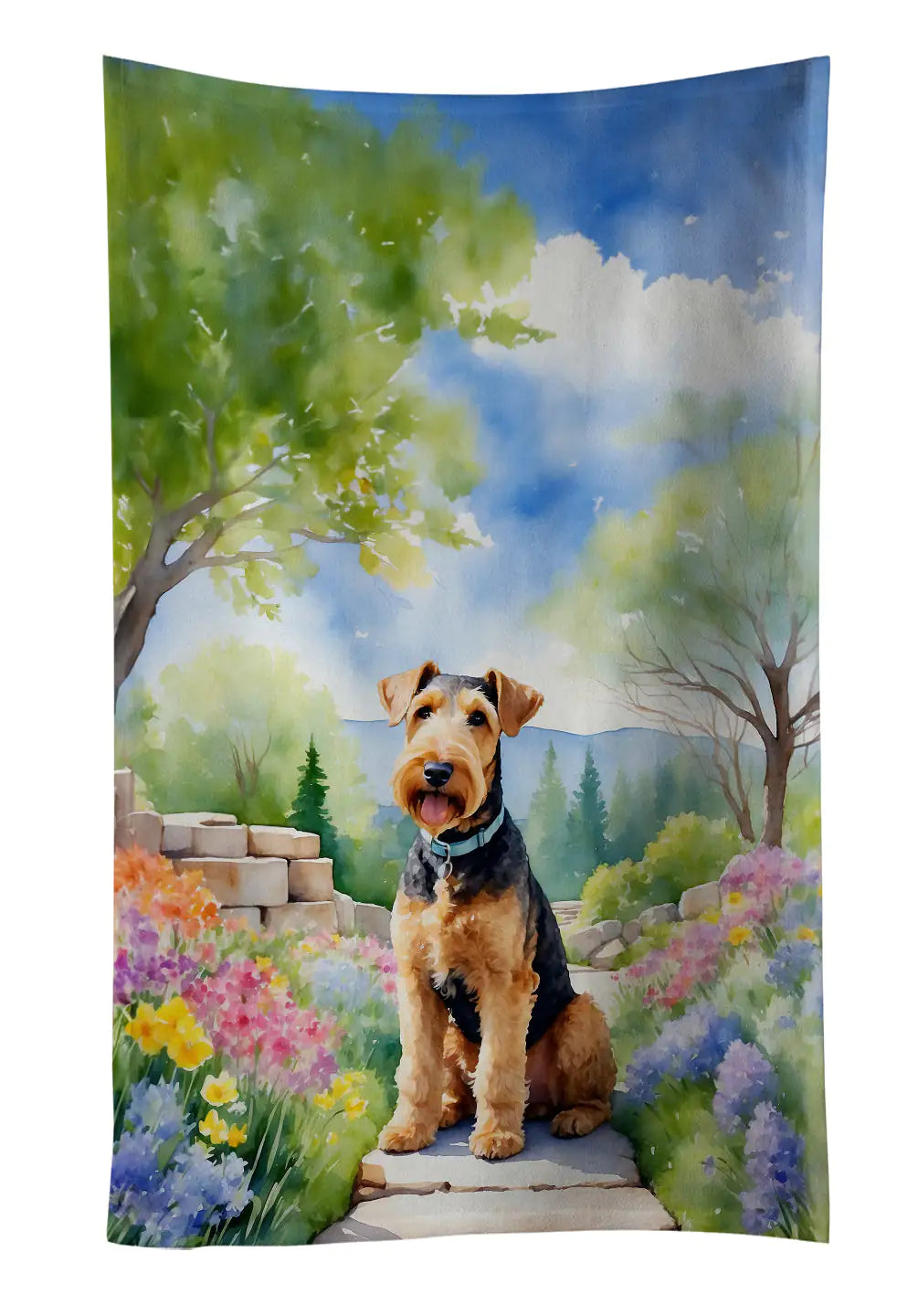 Airedale Terrier Spring Garden Kitchen Towel WEM Support (www.WEM.support)