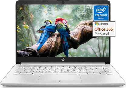 HP Stream 14 Inch Laptop featuring a silver color, Intel Celeron processor, and a colorful wallpaper on the screen. It shows the Microsoft Office 365 Personal logo and indicates it comes with a 1-year Office 365 Personal subscription.