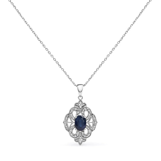 .925 Sterling Silver 7x5 MM Oval Blue Sapphire and Diamond Accent Art Deco Style Shield Shaped 18" Pendant Necklace (I-J Color, I3 Clarity) WEM Support (www.WEM.support)