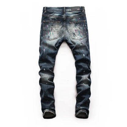 Men's Ripped Patch Jeans Youth Slim Pants Biker Pants Inkjet Personality WEM Support (www.WEM.support)