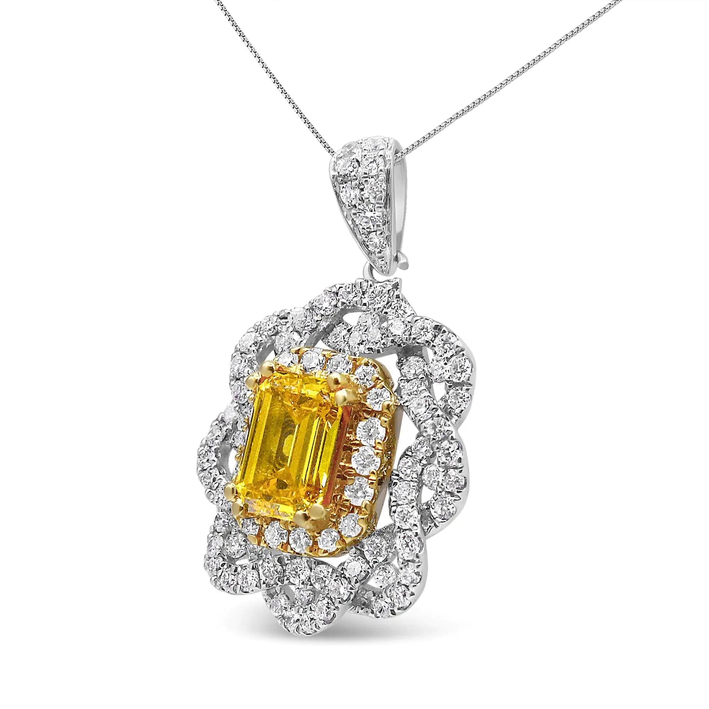 18K Yellow and White Gold 1.75 Cttw Diamond Lab Grown Treated Yellow Emerald Center Diamond Halo 18" Pendant Necklace (Yellow/G-H Color, VS1-VS2 Clarity) WEM Support (www.WEM.support)