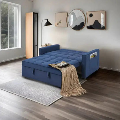 Stylish Blue Pull-Out Sofa Bed With Woven Polyester Fabric & Solid Wood Frame WEM Support (www.WEM.support)