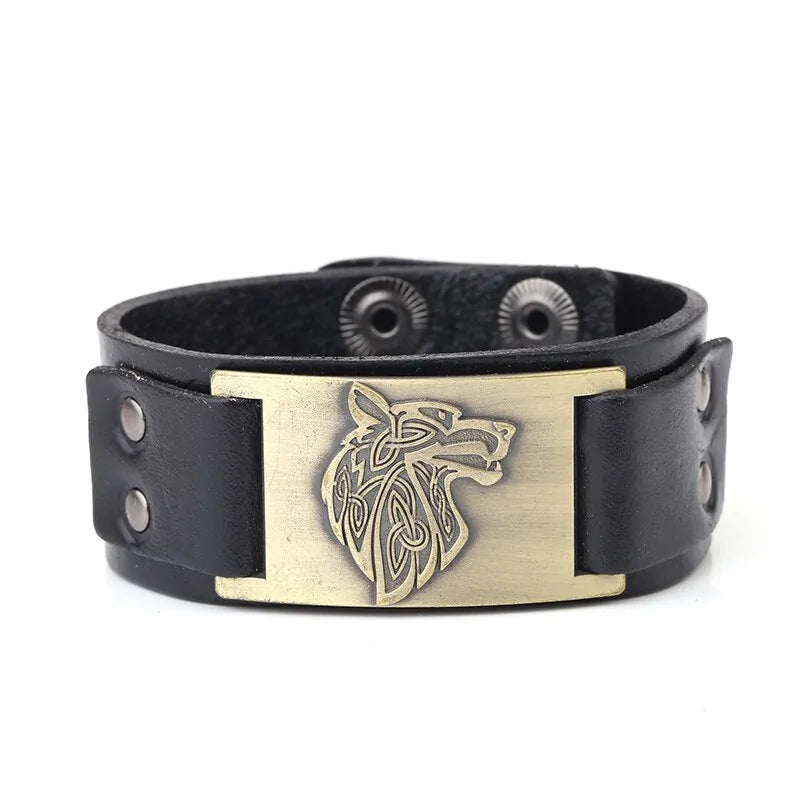 Vintage Wide Leather Woven Wolf Head Bracelet WEM Support (www.WEM.support)
