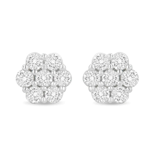 14K White Gold 1 1/2 cttw Prong Set Round-Cut Diamond Floral Cluster Stud Earrings (I-J Color, SI1-SI2 Clarity) WEM Support (www.WEM.support)