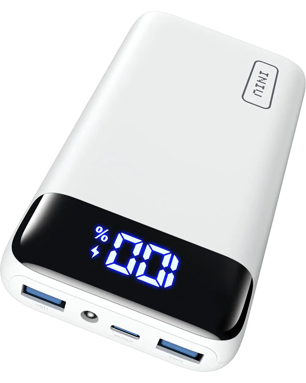 A white INIU portable charger with LED display showing charge percentage, featuring two USB ports.