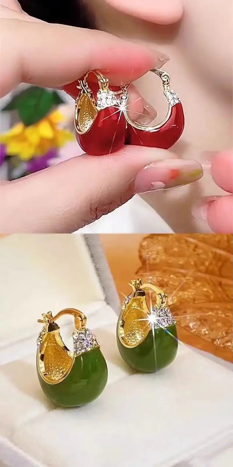 Tall And Elegant High Sense Red Green Dripping Oil Rhinestone Earrings WEM Support (www.WEM.support)