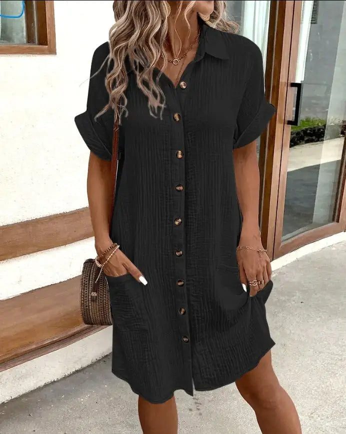 Summer Short Sleeve Shirt Dress Fashion Solid Color Single-breasted Mid-length Loose Dress WEM Support (www.WEM.support)