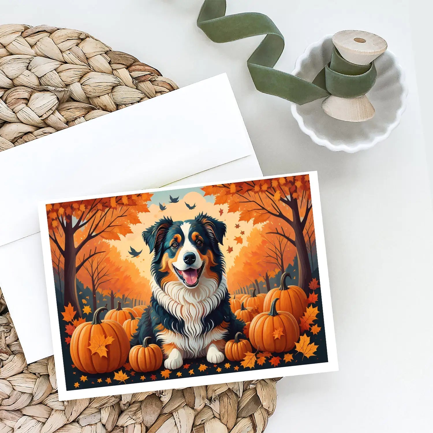 Australian Shepherd Terrier Fall Greeting Cards Pack of 8 WEM Support (www.WEM.support)