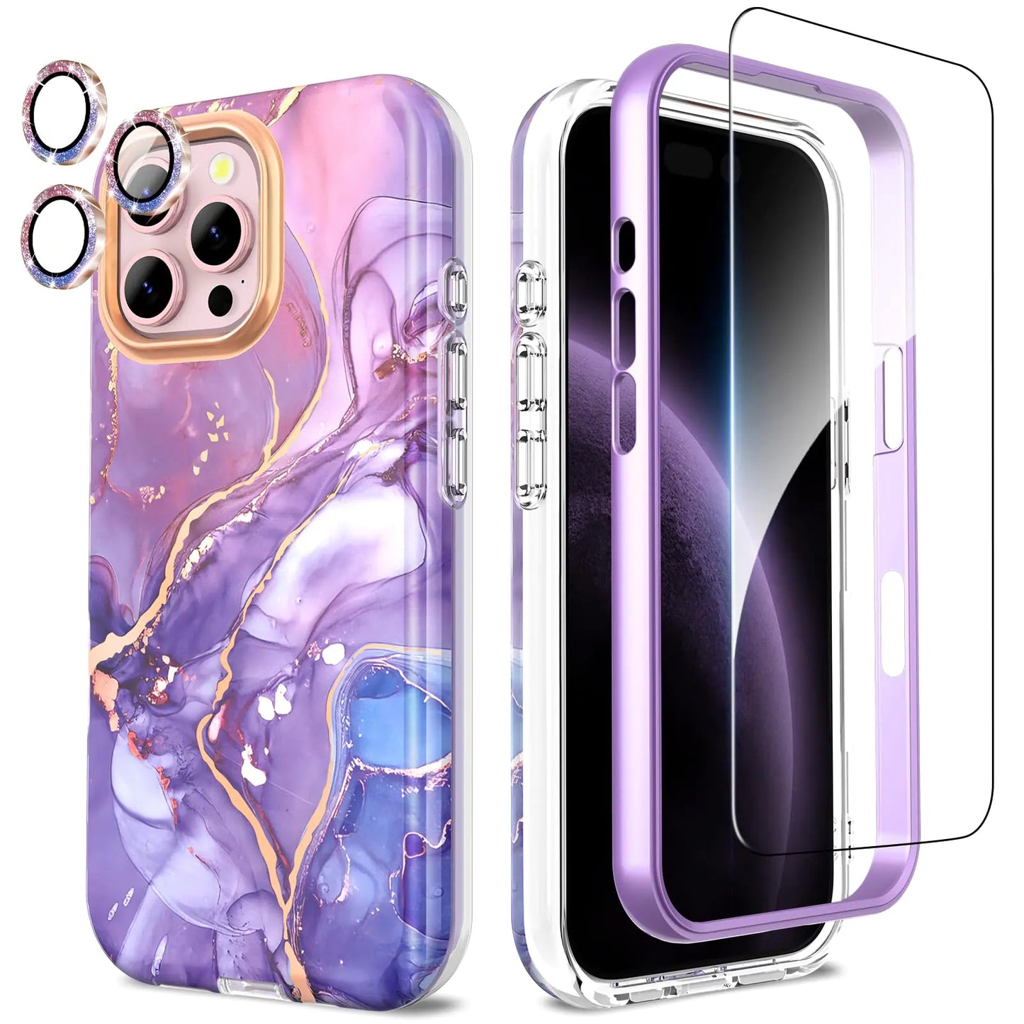 Compatible with iPhone 16 Pro Max Case with Glitter Camera Lens Protector+Screen Protector 360 Full Body Protective Case Stylish Shockproof Anti-Scratch Phone Cover for iPhone 16 Pro Max 6.9'',Purple