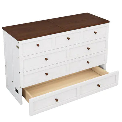 Solid Pine Murphy Bed Chest With Charging Station And Large Storage Drawer For Home Office Or Small Room , Full, White Walnut WEM Support (www.WEM.support)