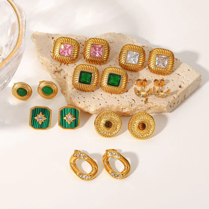 Metal-Inlaid Zirconium & Natural Stone Earrings HejK.com