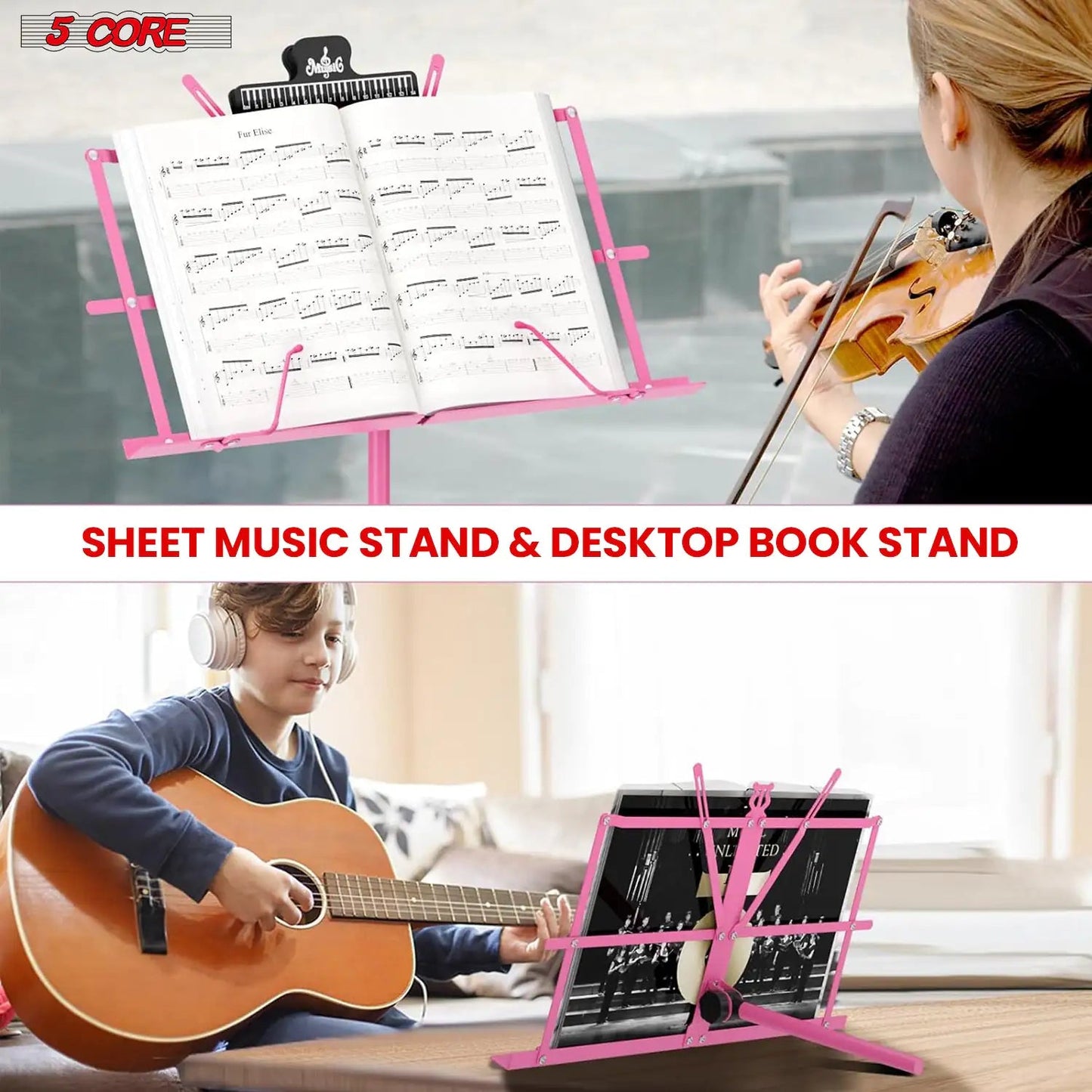 Suporte de Música 5Core para Partituras, Portátil com Tripé Ajustável e Dobrável, Suporte para Notas na Cor ROSA WEM Support (www.WEM.support)