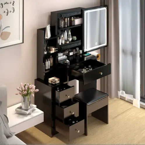 Small Space Left Bedside Cabinet Vanity Table Cushioned Stool, Power Station, Hair Dryer Bracket WEM Support (www.WEM.support)