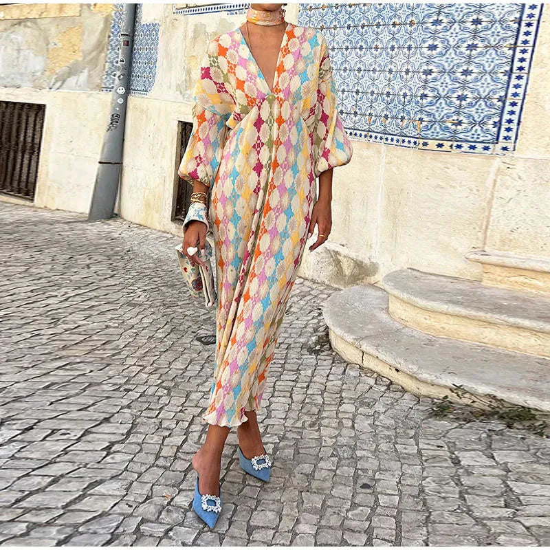 Retro Loose Painted Lantern Sleeve V-neck Printed Dress WEM Support (www.WEM.support)