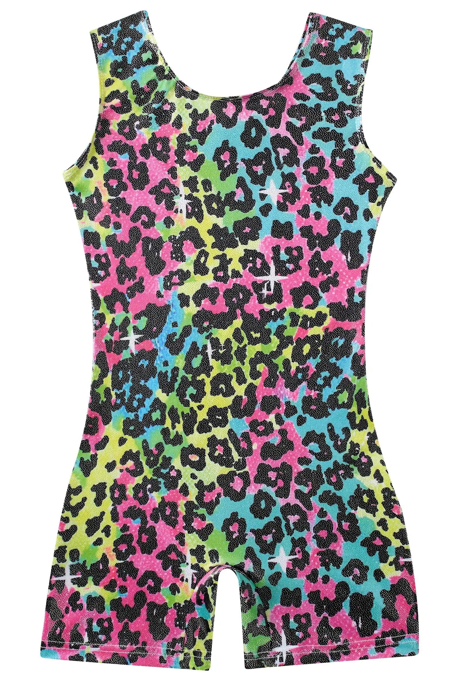 uideazone Gymnastics Leotard for Girls Biketards Sparkly Tank Ballet Unitard with Shorts Quick Dry One-Piece Outfits 2-9Years Colorful Leopard 55 7-8 Years My Store