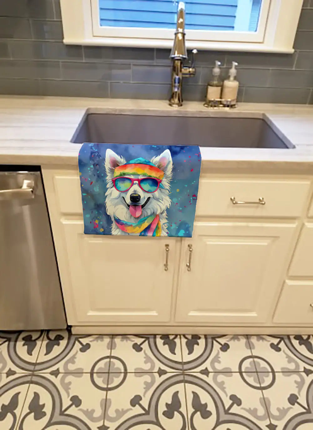 American Eskimo Hippie Dawg Kitchen Towel WEM Support (www.WEM.support)