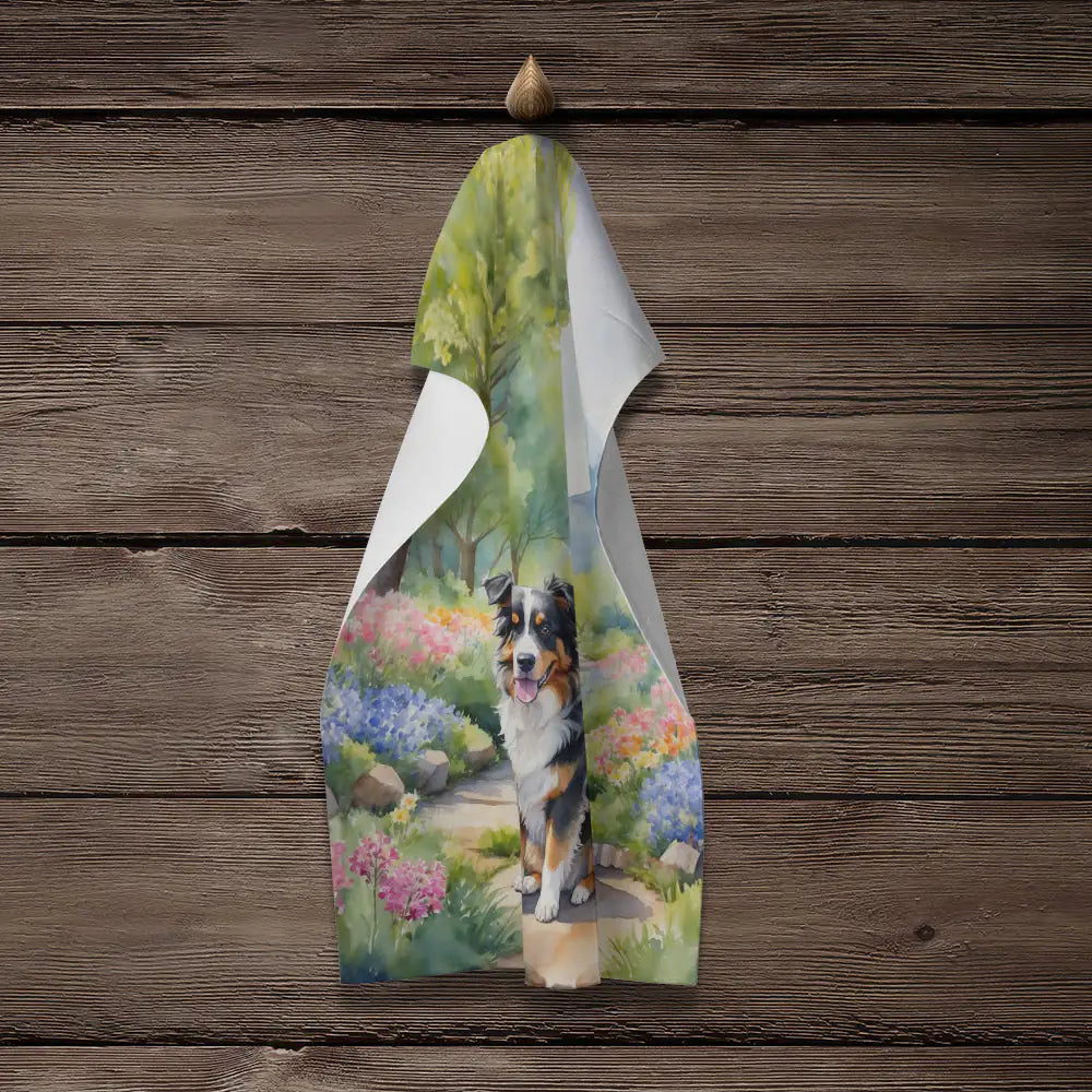 Australian Shepherd Spring Garden Kitchen Towel WEM Support (www.WEM.support)