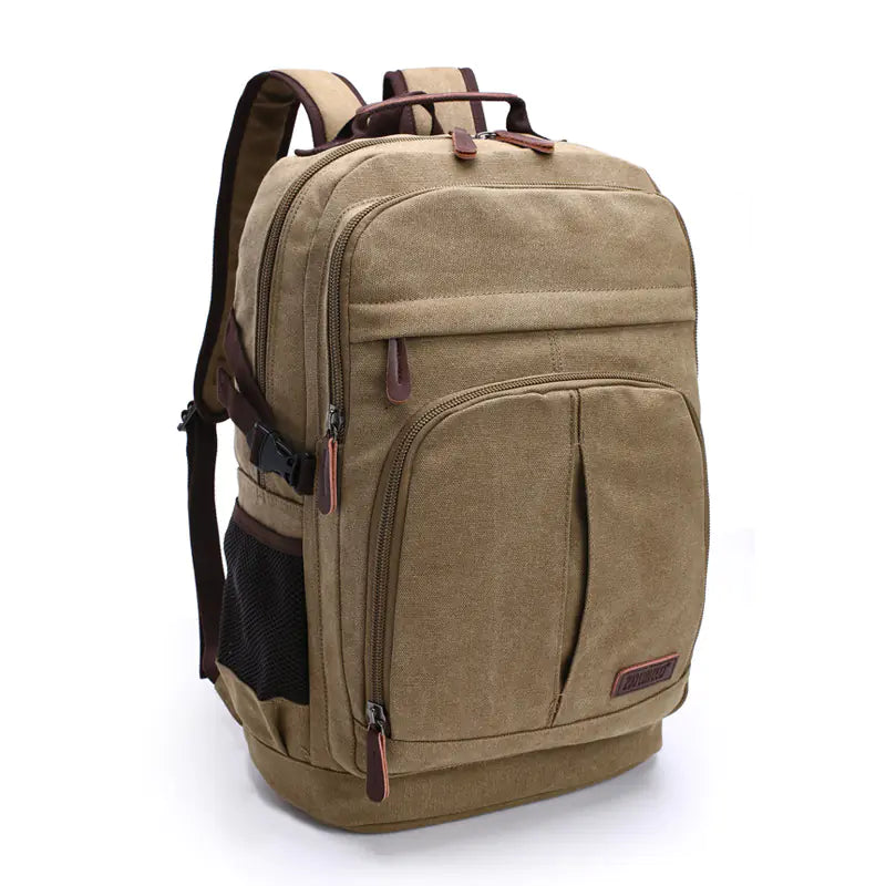 A green canvas backpack with multiple compartments and brown leather accents, designed for men and women.