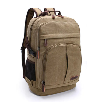 A green canvas backpack with multiple compartments and brown leather accents, designed for men and women.