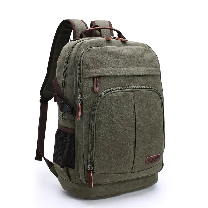 A green canvas backpack with multiple compartments and brown leather accents, designed for men and women.