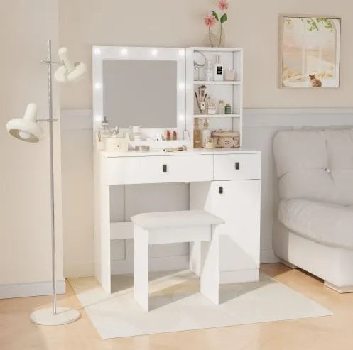 Vanity Desk With Lights, Vanity Set With Mirror, Makeup Vanity Desk With Large Drawers Three Level Storage Dreeser, VanitysVanities With 3 Lights Brightness Adjustable For Bedroom, White WEM Support (www.WEM.support)