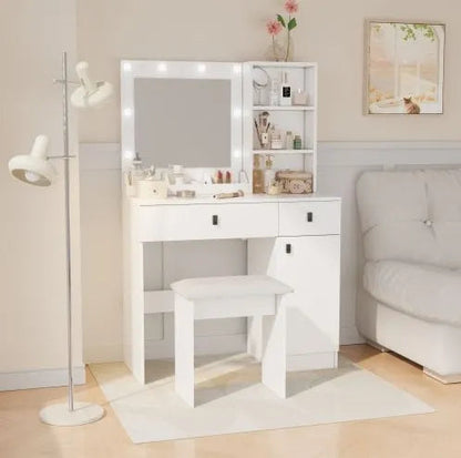 Vanity Desk With Lights, Vanity Set With Mirror, Makeup Vanity Desk With Large Drawers Three Level Storage Dreeser, VanitysVanities With 3 Lights Brightness Adjustable For Bedroom, White WEM Support (www.WEM.support)