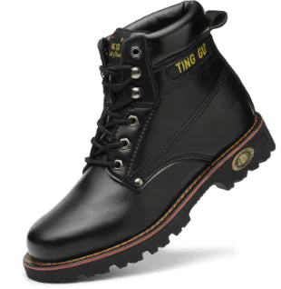 A pair of black matte leather high-top men's boots with lace-up closure, steel toe, and a thick sole designed for outdoor use.