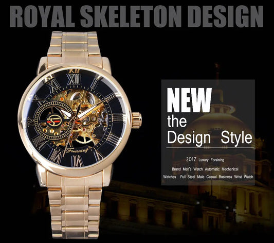 A men's mechanical watch with a gold stainless steel band and a black dial featuring a royal skeleton design, displayed in promotional context with text highlighting its design style.