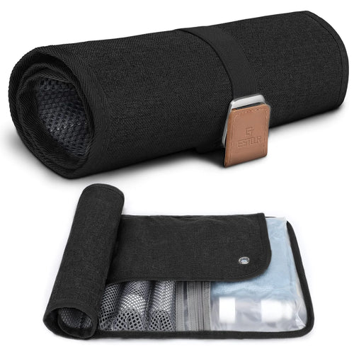 A black portable reel wash bag travel buggy bag, rolled up with a leather strap, and unrolled showing the interior with pockets for storage.
