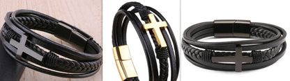A men's retro braided leather and steel bracelet with a black color scheme, featuring a metallic clasp and a geometric pattern on the cross symbol, displayed on a wooden surface.