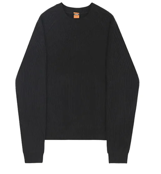 A black long-sleeved men's sweater coat with a round neckline, displayed against a plain background.