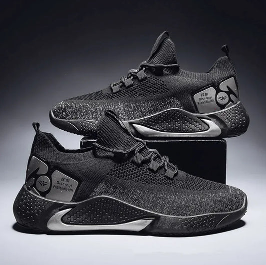 A pair of men's casual sports shoes with a breathable flying knit upper in black color, featuring a round toe shape, low heel, and a front tie wearing style.