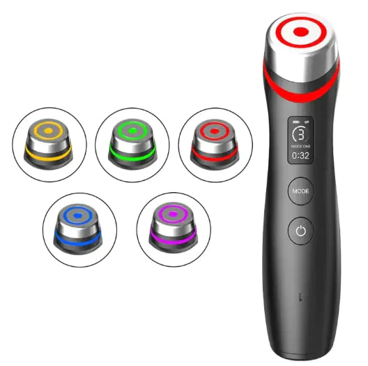 Handheld microcurrent vibration massager with multiple color light attachments and control buttons on the handle.