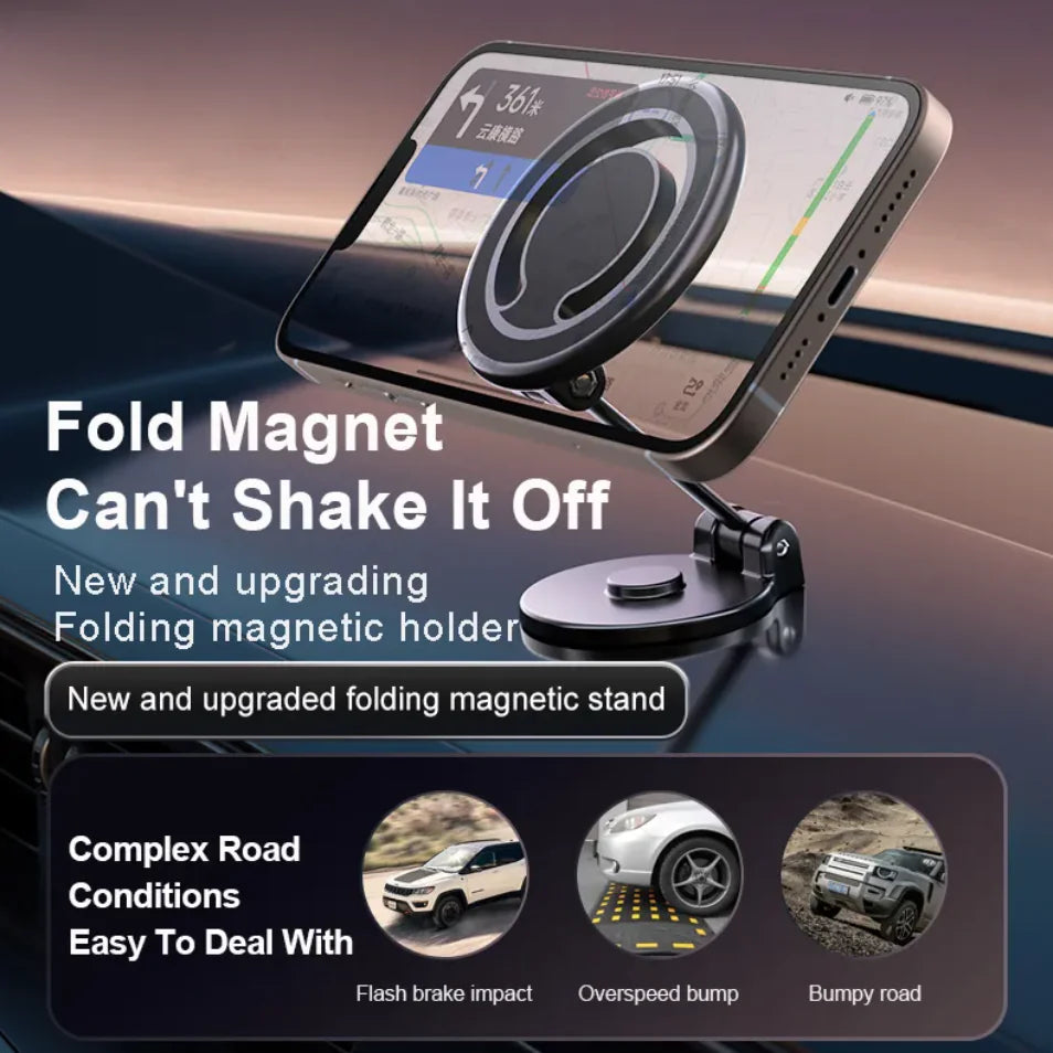A promotional image featuring a military-grade magnetic car phone mount with text highlighting its fold magnet feature, suction cup stability, and ability to handle complex road conditions.