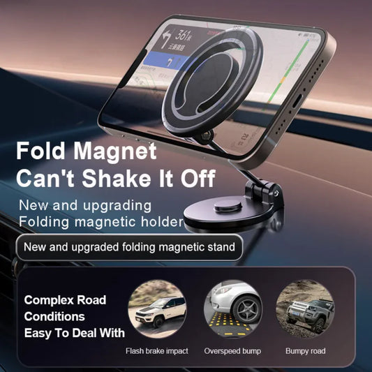 A promotional image featuring a military-grade magnetic car phone mount with text highlighting its fold magnet feature, suction cup stability, and ability to handle complex road conditions.