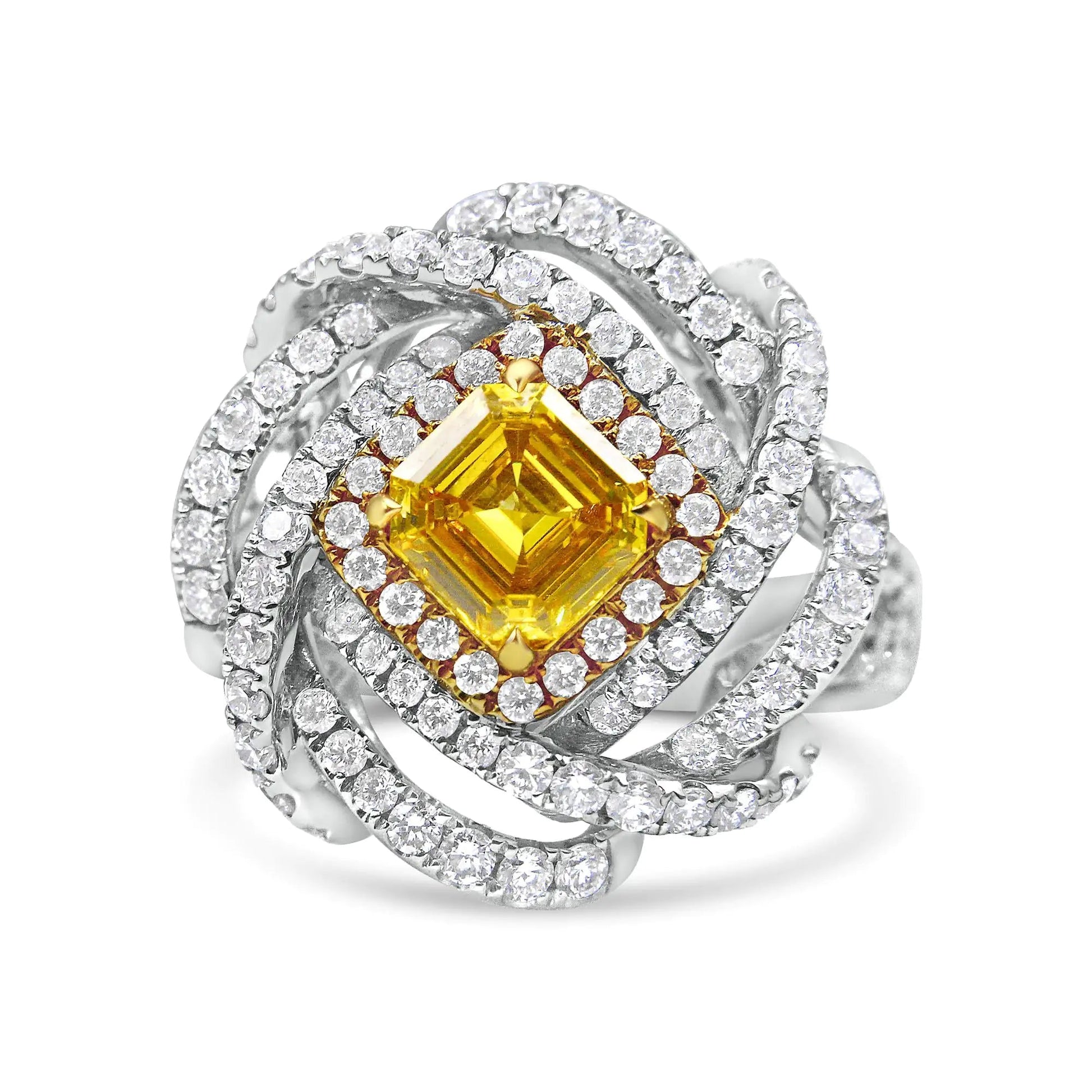 18K White and Yellow Gold 2 1/2 Cttw Yellow Asscher Lab Grown Center Diamond Cluster Swirl Ring (Yellow/G-H Color, VS1-VS2 Clarity) WEM Support (www.WEM.support)
