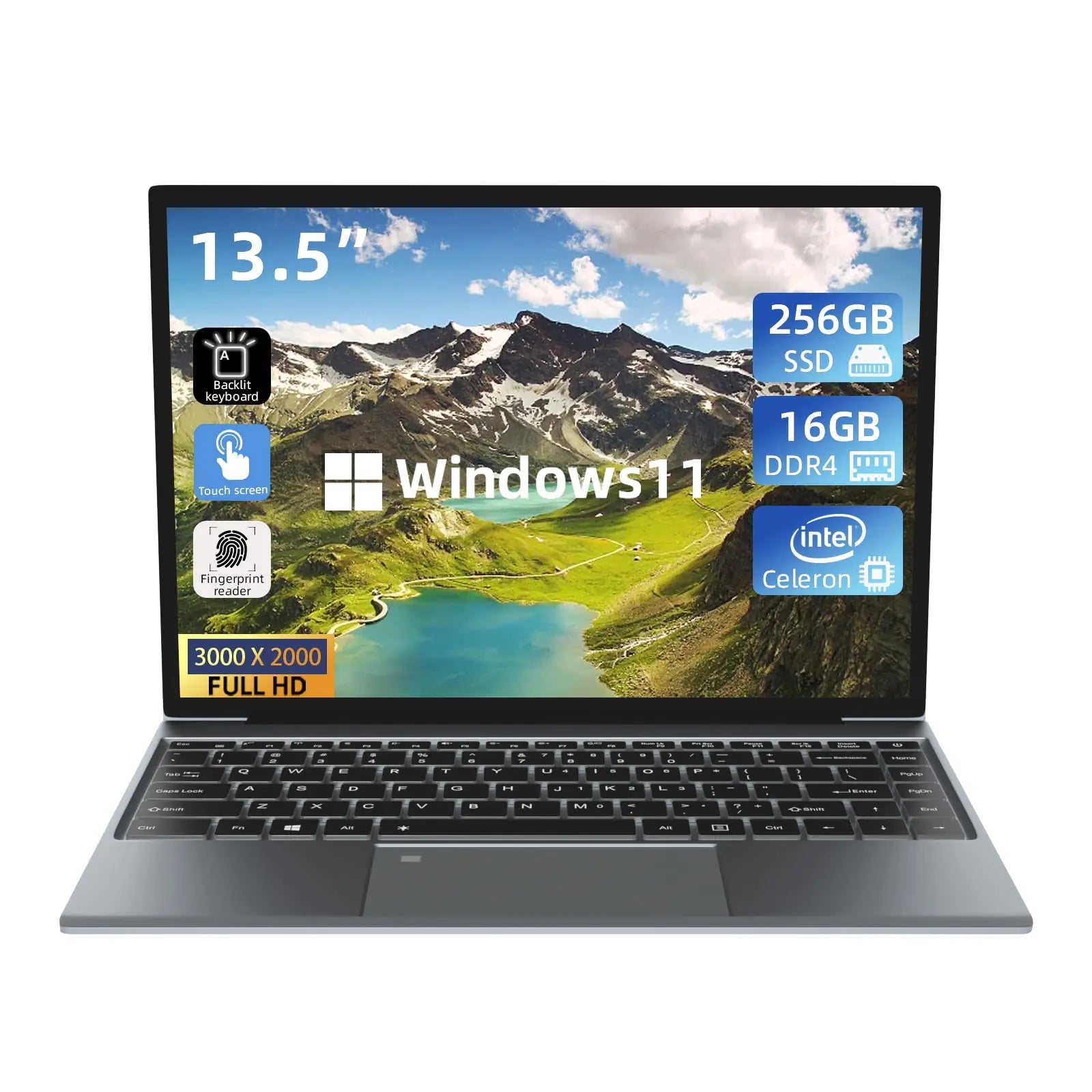 Morostron Portátil Táctil de 13.5" Computador con Windows 11, CPU N5095, 16GB RAM, SSD de 256GB, Pantalla FHD 3000x2000, Teclado retroiluminado, Touch ID, WiFi, USB3.0 * 2, Bluetooth 4.2, HDMI, Batería de 38WH, Gris HejK.com