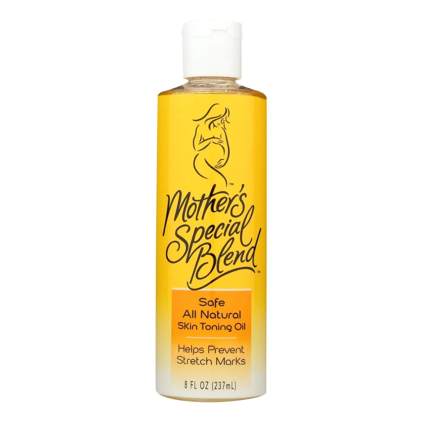 A bottle of Mountain Ocean Mother's Special Blend Skin Toning Oil, 8 fl oz in size, with a yellow label.