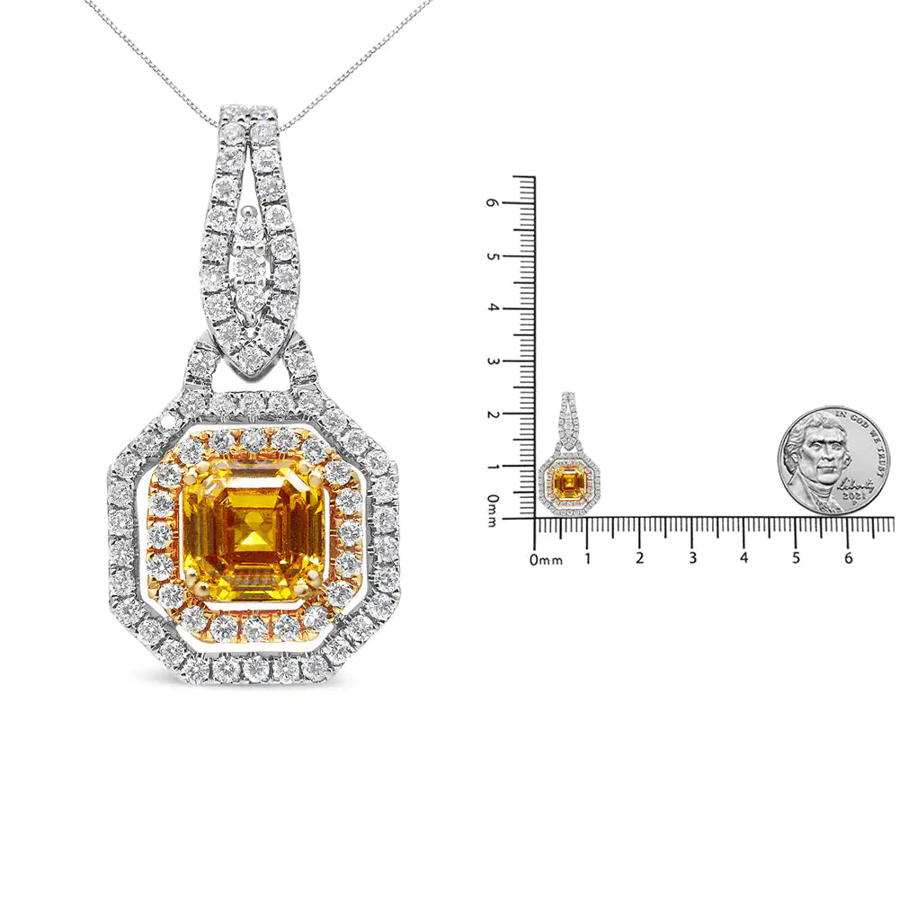 18K White and Yellow Gold 2 3/5 Cttw Lab Grown Yellow Asscher Diamond Double Framed Halo 18" Pendant Necklace (Yellow/G-H Color, VS1-VS2 Clarity) WEM Support (www.WEM.support)