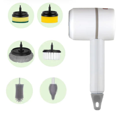 An electric cleaning brush with a white handle and multiple interchangeable brush heads displayed alongside.