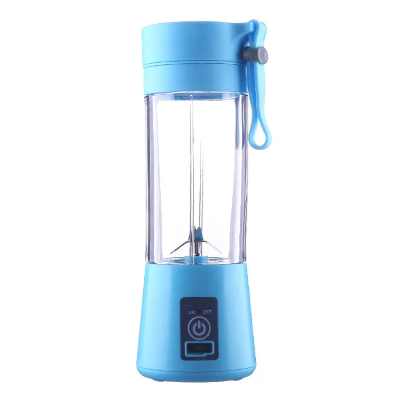 A blue multifunctional fruit mixer with a clear container and a portable design, featuring a power button and a carrying loop.